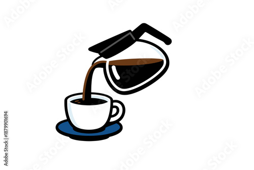 Illustration of coffee pot pouring hot coffee into white cup with saucer