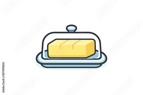 Butter dish illustration with lid and butter block on plate