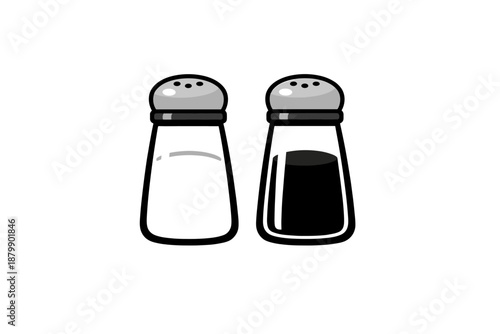 Salt and pepper shakers on white background - black and white seasoning containers