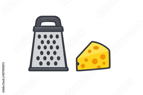 Cheese grater and wedge of cheese illustration on white background