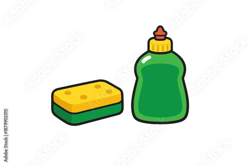 Cartoon sponge and dish soap illustration on white background