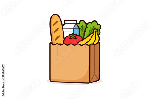 Grocery bag filled with baguette, milk, tomato, lettuce, and bananas
