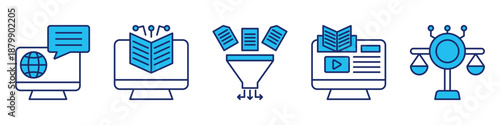 digital service icon set collection, for online education concept with icons online service, digital literacy, filtering data, digital learning, digital ethics. simple vector blue style illustration