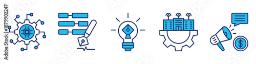 smart technology icon set collection, for innovation concept with icons smart system, tech translation, creating, digital infrastructure, promotion. simple vector blue style illustration
