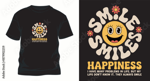 Smile happiness groovy retro t-shirt design with a smiling sun and flowers