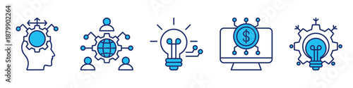 thinking process icon set collection, for decision concept with icons critical thinking, digital culture, knowledge, digital transaction, problem solving. simple vector blue style illustration