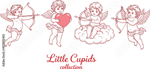 Fotografie Little cupids collection vintage cherub angels with bows and hearts, romantic Va