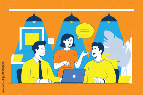 Business team discussion and collaboration vector illustration showing coworkers communicating, sharing ideas, and working together on laptop in modern office environment