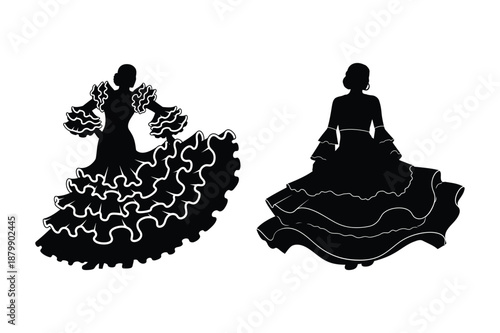 Flamenco Dancer Silhouettes in Traditional Ruffled Dresses