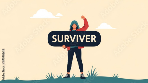 Young woman holding survivor sign standing on green hill with clouds symbolizing resilience and determination in a natural setting