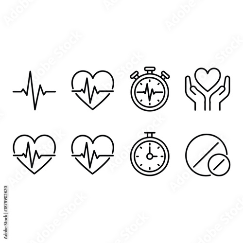 Health and cardiology line icons collection depicting heartbeat electrocardiogram monitor pulse heart rate and timing for medical concepts