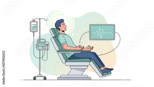 Man receiving medical treatment in a hospital bed with iv drip and ecg monitor display