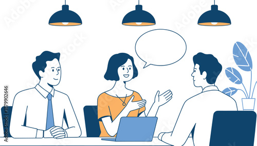 Business team meeting and discussion vector illustration showing coworkers communicating ideas around table with laptop in modern office environment