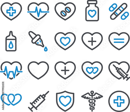 Cardiology and healthcare vector icons set with various heart shapes medical symbols and drug representations linear graphic design