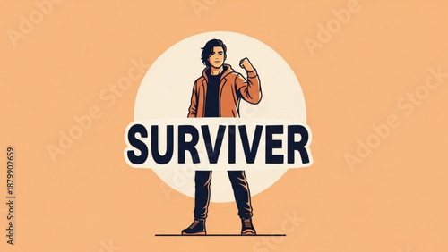 Confident survivor man standing strong with raised fist and bold text on orange background