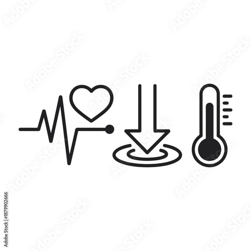 Cardiology diagnostic icons showing pulse wave and thermometer with downward motion arrow for health status tracking medical data visualization set