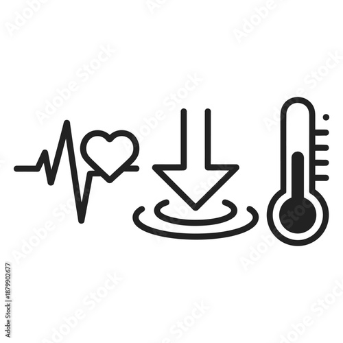 Cardiology diagnostic icons showing pulse wave and thermometer with downward motion arrow for health status tracking medical data visualization set