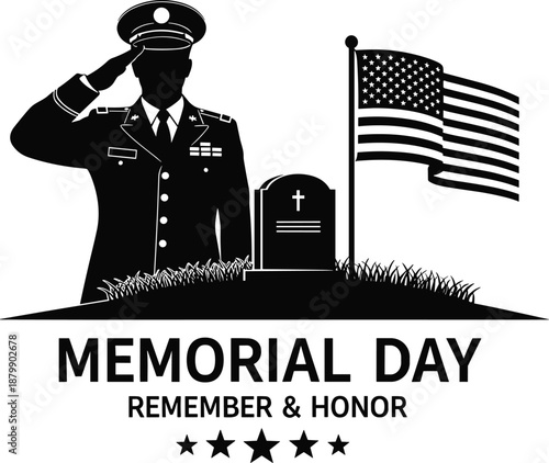 Memorial Day silhouette illustration showing saluting soldier, American flag and gravestone, honoring fallen heroes, patriotic remembrance tribute, veterans commemoration and national holiday artwork