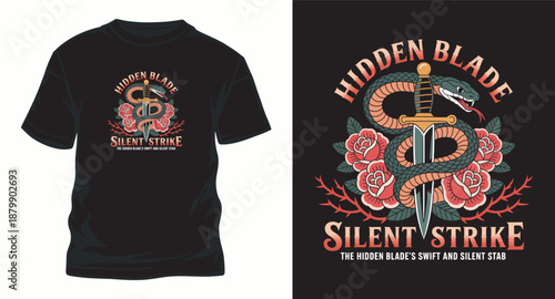 Traditional tattoo art hidden blade silent strike vector t shirt design snake coiled around sword with roses thorns dark atmosphere graphic