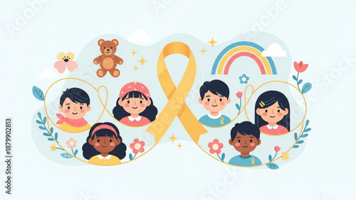 Diverse children surrounded by flowers rainbow and teddy bear with yellow awareness ribbon for support and hope