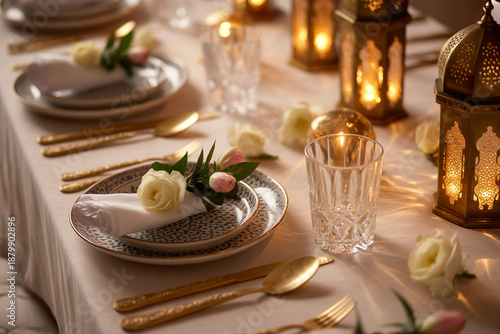 Panel kuchenny z motywem Elegant wedding table setting with gold cutlery and candles