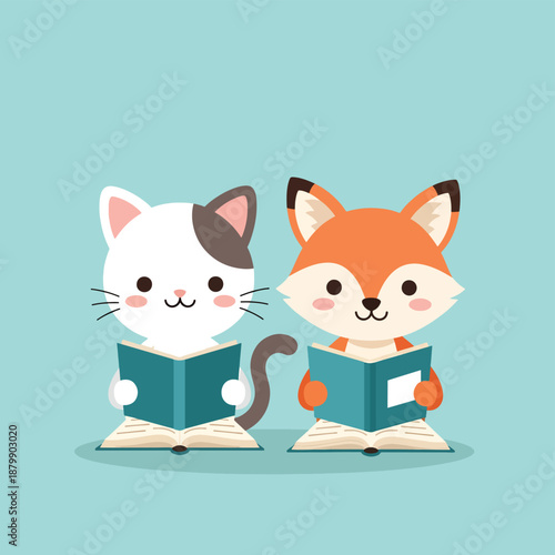 Cartoon Cat and Fox Reading Books Together