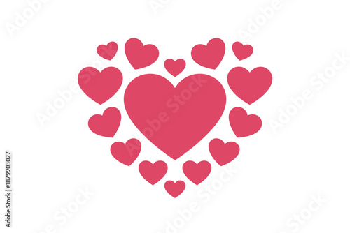 A large heart is surrounded by many smaller hearts on a white background.