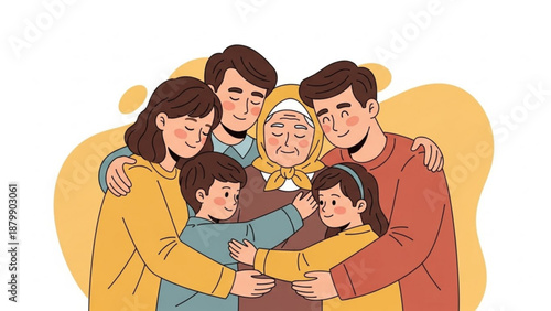Diverse multi generational family embracing each other warmly in a group hug with love and happiness