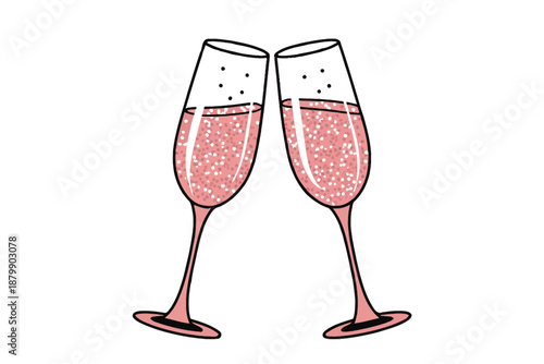 Two glasses of rose champagne clink together for a toast celebration.