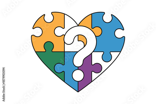 A heart-shaped puzzle with a question mark symbolizes emotional complexity and mystery.