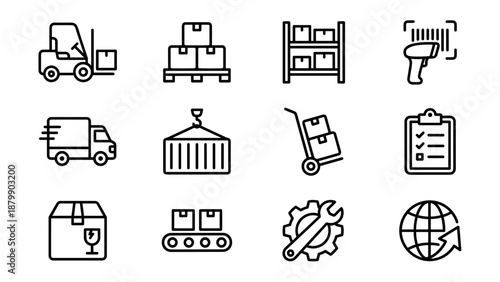 Warehouse inventory management icons. Logistics shipping delivery supply chain. Forklift pallet truck scanner. Cargo freight. Commerce symbols. Storage stock. Linear vector. Trade