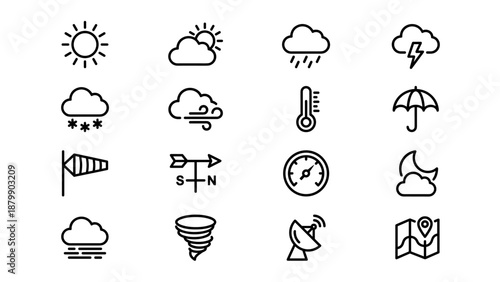 Weather forecast line icons set. Meteorology symbols. Minimalist vector art. Sun cloud rain snow storm thermometer umbrella wind radar tornado. Climate concepts. Linear app signs.