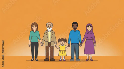 Diverse family holding hands standing together in unity and love on orange background