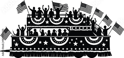 Patriotic parade float silhouette with cheering crowd waving American flags, stars and stripes decorations, national celebrelection rally, and USA heritage vector illus