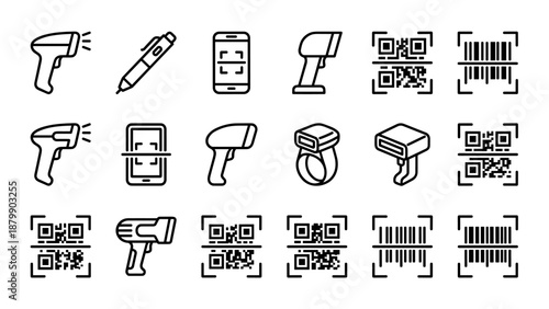 Barcode and QR code scanner line icons set. Digital retail technology symbols. Handheld laser reader. Inventory management payment interface signs. Mobile app identification scan