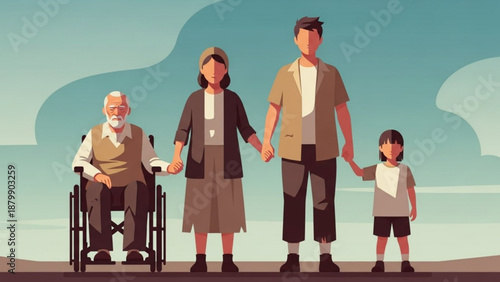 Diverse family with elderly man in wheelchair standing together outdoors on sunny day with blue sky background