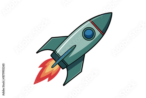 A cartoon rocket ship blasts off into the sky with fiery exhaust.
