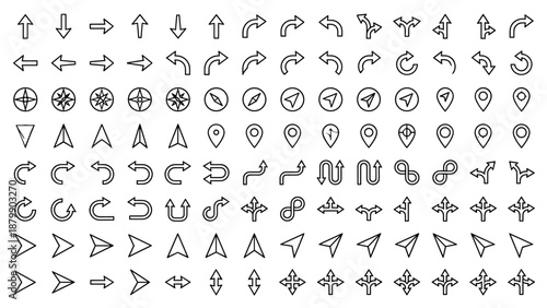 Vector set of arrow and direction pointers line icons. Minimalistic style collection. Navigation symbols for app web interface. Cursor signs. Map location markers. Thin outline icon.
