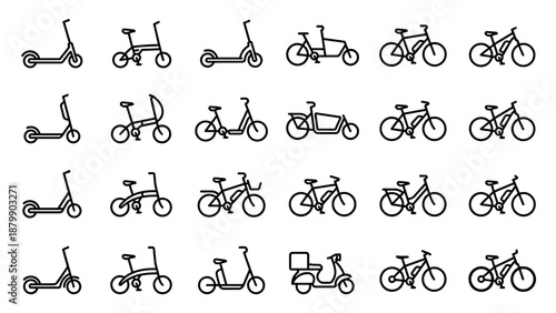 Vector line icon set electric transport. Urban eco mobility collection bicycle e-bike kick scooter cargo bike. Minimalist outline symbols city travel. Modern green vehicle concept.