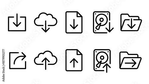 Vector set of download and upload line icons. Minimalistic data transfer symbols. Cloud computing interface elements. Arrow signs for web. File management. Import export. Ui ux kit.