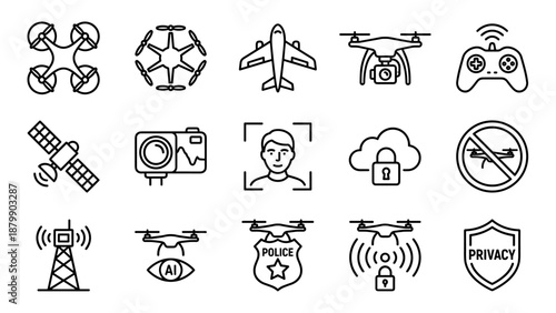 Drone technology line icons set. Surveillance camera robot. Aerial security system. Remote control quadcopter. UAV innovation. Minimalistic vector symbols. Future automation.