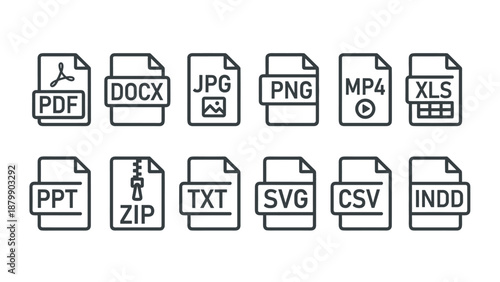 Vector file format line icons set. Document type labels. PDF, DOCX, JPG, PNG, XLS symbols. Minimalist outline data extension. Office software interface. Graphic design technology.