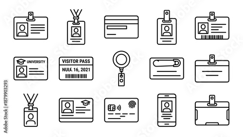 Vector set of identity card and badge line icons. Business security access control. Corporate employee id pass. Visitor lanyard holder. Minimalistic outline style. Identification tag.