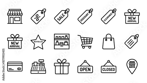 Retail shopping line icons set. Store symbols collection. Sale tag discount clearance new arrival bestseller. Storefront cart bag gift register open closed sign. E-commerce vector.