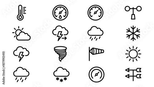 Meteorology line icons. Weather forecast symbols. Temperature, humidity, barometer, wind speed. Sun, rain, snow, storm. Atmospheric conditions. Science vector. Minimalist design.