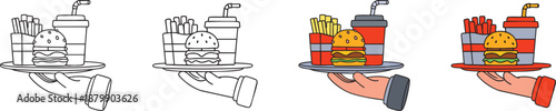 Hand Serving Fast Food Combo Meal Icon Set