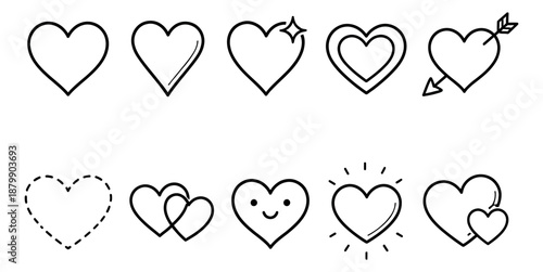 Hand drawn line art heart icon set featuring various doodle styles for love and romance