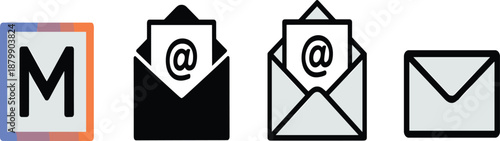 Email and mail icon set vector illustration featuring envelope symbols with at sign and message letter icons in clean minimal outline style
