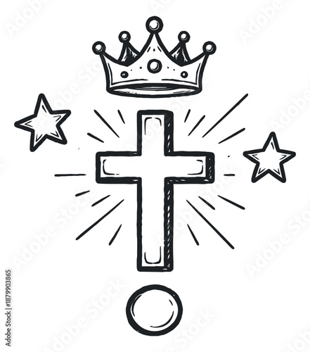 Hand drawn line art spiritual and triumphant symbols set featuring a radiating cross, a crown, stars, and a circle for religious and celebratory designs