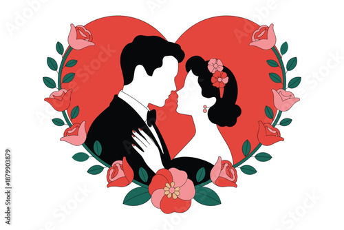A loving couple embraces within a heart-shaped frame adorned with roses.